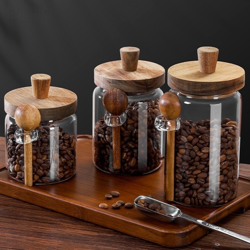 Coffee Tea Sugar Canister Set - ABJI - Szklane słoiki z drewnianymi