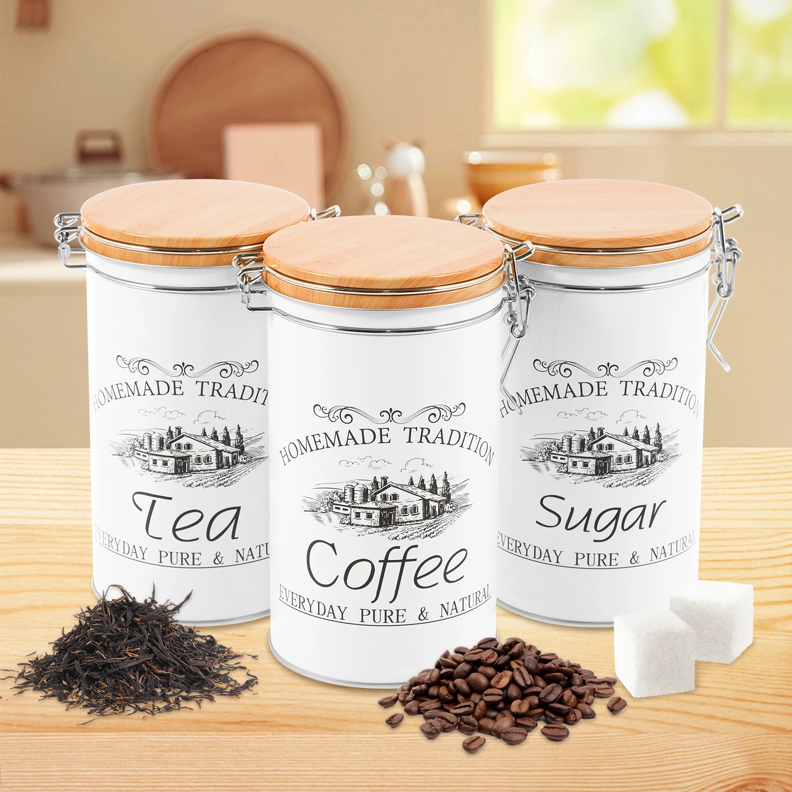 Coffee Tea Sugar Canister Set - 3 szt./zestaw Metalowe pojemniki na herbatę,