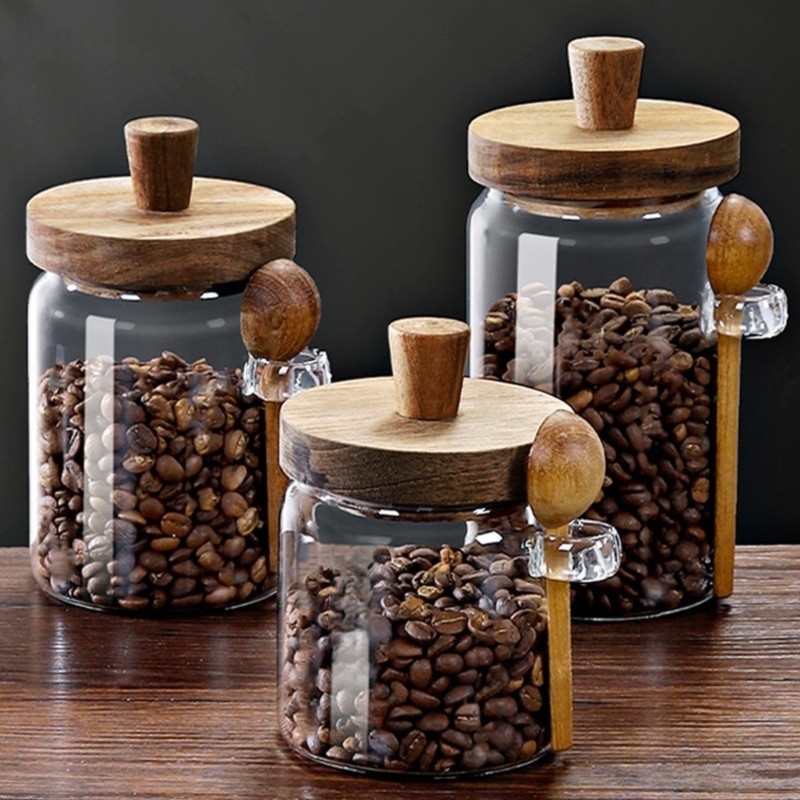 ABJI - Szklane słoiki z drewni – Coffee Tea Sugar Canister Set recenzja i cena