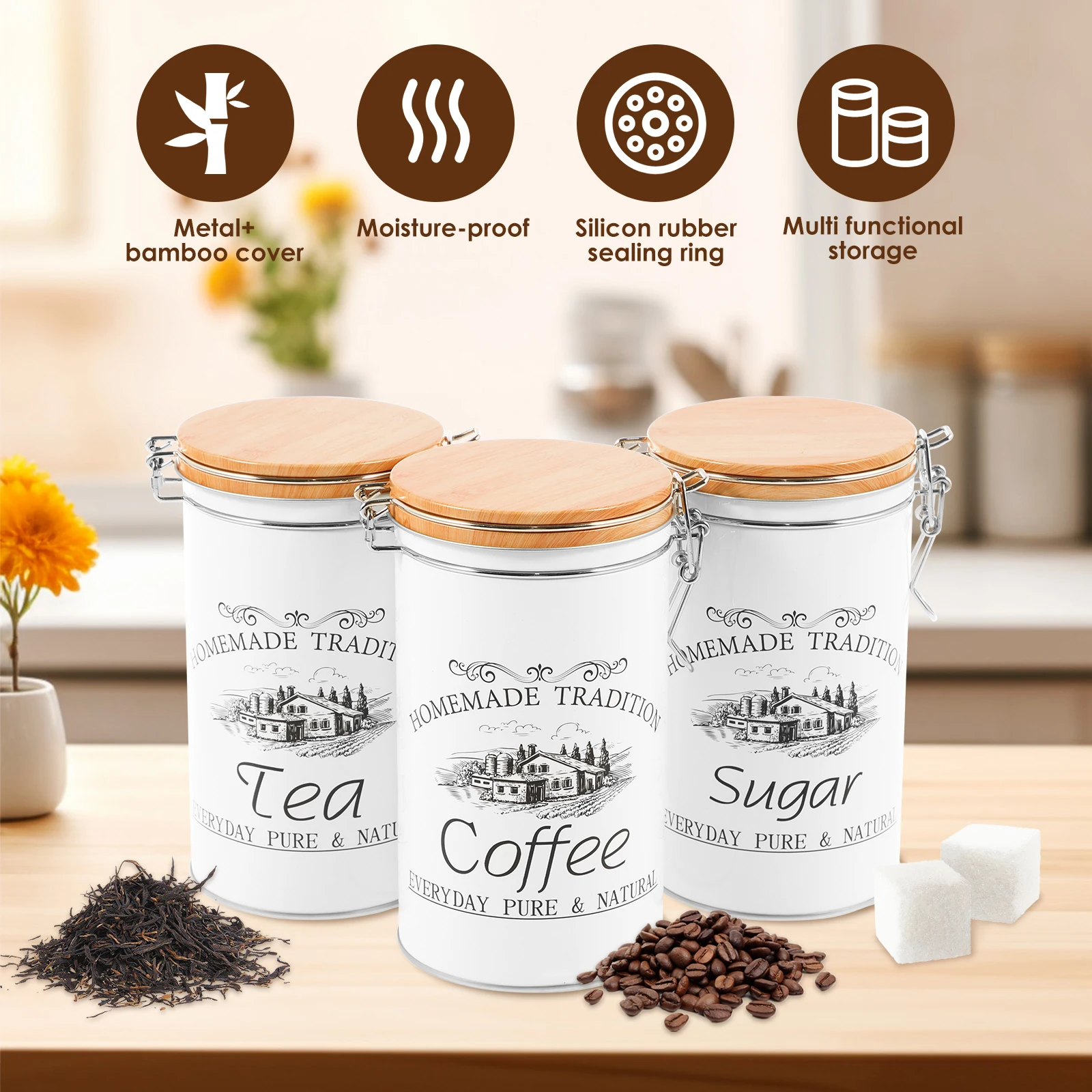3 szt./zestaw Metalowe pojemni – Coffee Tea Sugar Canister Set recenzja i cena