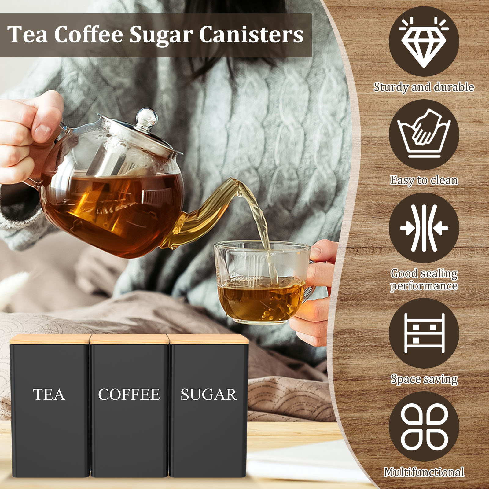 Metalowy pojemnik na kawę i he – Coffee Tea Sugar Canister Set recenzja i cena